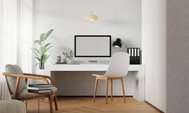 Parlak çalışma alanı ve rahat koltukları olan modern bir ofis, uzak çalışma için ideal..