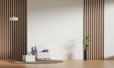 Açık gri koltuğu, dekoratif bitkileri ve modern tasarımlar için mükemmel ahşap aksanları olan modern bir oturma odası..