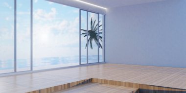 Parlak ahşap bir platform ve geniş pencerelerden palmiye manzaralı davetkar bir yaz inzivası..