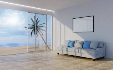 Rahat bir kanepe ve geniş pencerelerden canlı bir sahil manzaralı zevkli bir yaşam alanı..