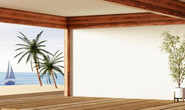 Çağdaş bir sahil evi okyanus manzarası ve palmiye ağaçları sergiliyor. Yaz atmosferi için mükemmel..