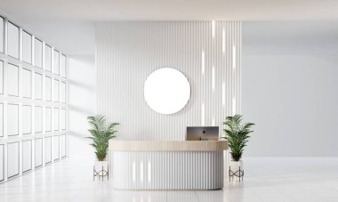 Parlak ve havadar bir atmosfer için tasarlanmış eşsiz yuvarlak aynası ve davetkar bitkileriyle modern bir karşılama alanı..