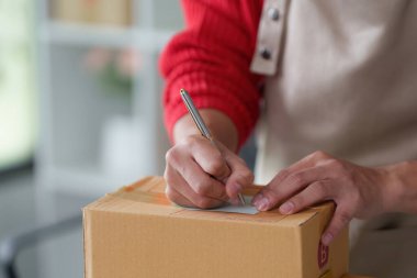 Çevrimiçi bir girişimci bir paketi titizlikle etiketler ve sevkiyat sürecindeki önemli belge adımlarını gösterir.