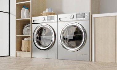 Yüksek teknoloji çamaşır makineleri, düzenli depolama çözümleri ve temiz tasarım estetiği olan şık bir çamaşırhane..