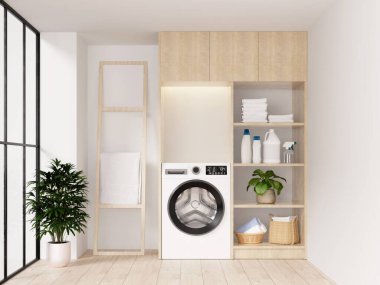 Minimalist bir çamaşırhane. Yeni bir görünüm için doğal dekorasyon unsurları olan organize çamaşır makineleri sergileniyor..