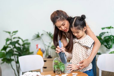 Şefkatli bir anne kızına bir bitki yetiştirmede rehberlik eder, sıcak bir ev ortamında öğrenmeyi ve doğayı sevmeyi teşvik eder..