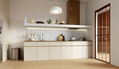 Fonksiyonel elementleri ve çevre dostu yaklaşımı olan minimalist bir tasarımı sergileyen sürdürülebilir bir mutfak..