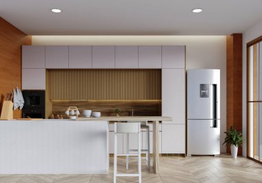 Yenilikçi tasarımlar ve enerji tasarruflu aletler sergileyen, çevre dostu yaşamın altını çizen, sürdürülebilir modern bir mutfak..