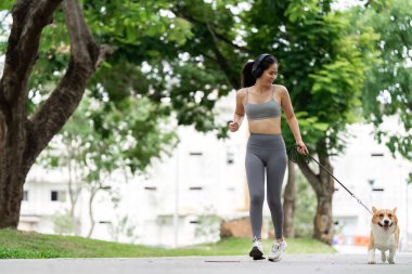 Formda bir kadın, zengin bir şehir parkında, sağlıklı bir yaşam tarzı ve arkadaşlık sergileyerek, Corgisiyle mutlu bir şekilde koşar..