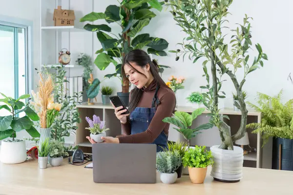 Genç bir çiçekçi akıllı telefonuyla etkileşime geçiyor, yeşil çiçeklerle dolu canlı bir dükkanda saksı sergiliyor..