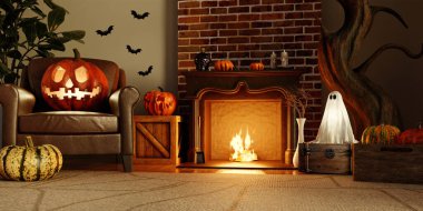 Cadılar Bayramı için harika bir oda, balkabakları ve hayalet temalı dekorasyonlar içeriyor..