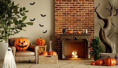 Cadılar Bayramı için dekore edilmiş rahat bir yaşam alanı oyulmuş balkabakları, neşeli hayalet figürleri ve sıcak bir şömine seti..