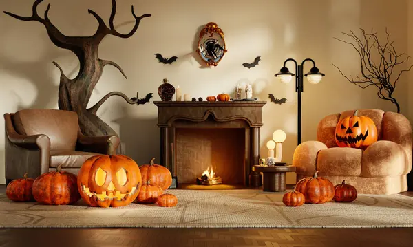 Cadılar Bayramı için dekore edilmiş rahat bir oturma odası, oyulmuş balkabakları, bir şömine ve şenlikli sonbahar elementleri..