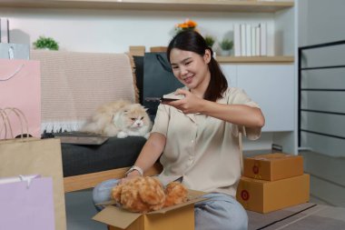 Alışveriş kutuları ve kedisiyle çevrili telefonuna bakarken gülümseyen bir kadın internetten neşeli bir alışveriş deneyimini vurguluyor..