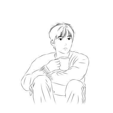 Bu büyüleyici illüstrasyon, bir fincan kahvenin tadını çıkarırken bir adamın sükûnetin tadını çıkarışını tasvir ediyor. Rahat bir duruş ve memnun bir ifadeyle, bir zevk ve tatmin hissi yayar.. 