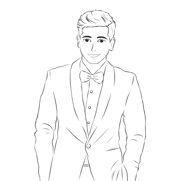 Charming Gentleman Neatly Tailored Tuxedo Line Art Illustration Handsome Smiling — Stock Photo, Image