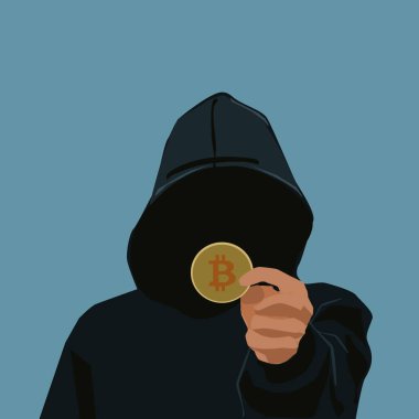 Bu resimde kapüşonlu ceket giyen ve elinde Bitcoin tutan kimliği belirsiz bir kişi var. Kişinin kimliği gizli kalır, gizemli ve anonim bir izlenim yaratır.. 