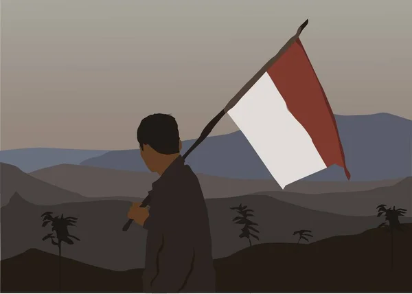 この感動的なイラストは 息をのむような山の風景を見ながら スタッフにインドネシアの旗を掲げている若者を特徴としています — ストックベクタ