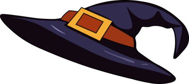 Kafasında kemer olan sevimli siyah ve mavi bir cadı şapkası..