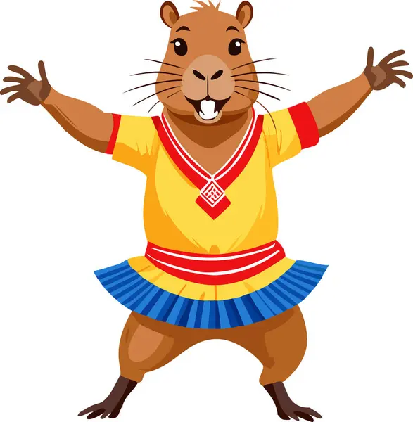 Capybara, dansçı gibi giyinmiş iki kolu açık bir dansçı.