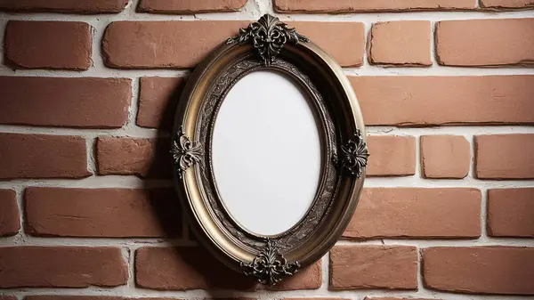 Duvarda hayaletli bir oval fotoğraf çerçevesi asılı, tuğla arka plan, gölgesi yok.