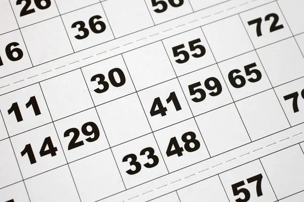 Üzerinde rastgele numaralar olan siyah beyaz bir tombala kartı..