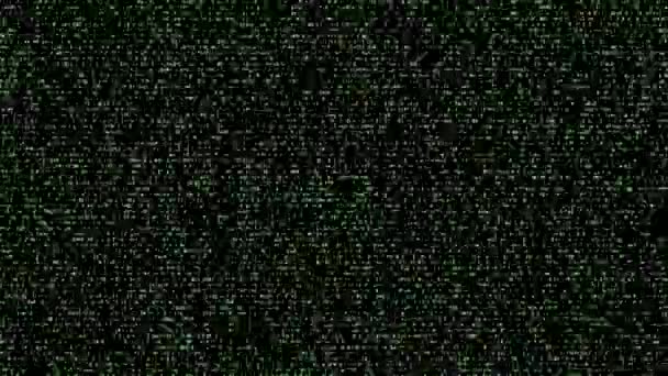 绿色和黑色的20世纪80年代受启发的电脑屏幕 显示随机的浮雕字符 就像电脑出故障或接收数据一样 — 图库视频影像