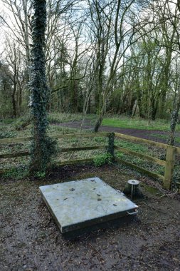 Ağaçların ve patikaların olduğu ormanlık bir alanda çitlerle çevrili bir bölümde büyük bir metal rögar kapağı var.