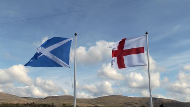Flags England Scotland Flying Strong Breeze Making Them Flutter Front — Stock Video