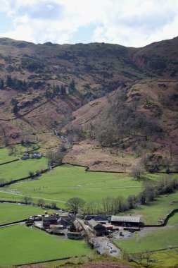 Grasmere, UK 03 30 2024 Cumbrian farm nestled below hills covered in heather. Grassy pastures can be seen around the farm buildings. clipart
