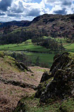 Cumbrian ilkbaharda, fundalık kaplı tepeler ve dağ zeminiyle düşer. Kayalık çıkıntıların altından küçük bir dere akıyor..