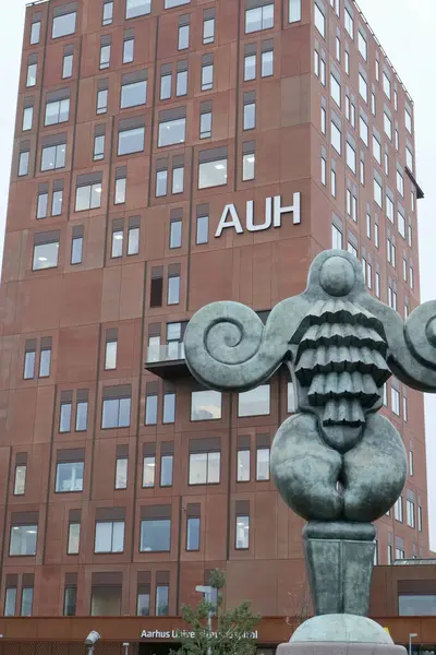 Aarhus, Danimarka 108 2024 Aarhus Üniversitesi Hastanesi binası bulutlu bir günde. Bronz heykel hastaları hastaneye kabul eder..
