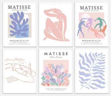 Matisse tarzı soyut sanat seti, Dekoratif Modern Sanat, Vektör illüstrasyon posteri içerir. Modaya uygun çiçek dekorasyonu ve yaratıcı sanat koleksiyonu. minimal estetik modern sanat.