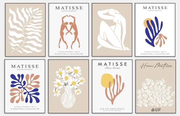 Matisse tarzı soyut sanat seti, Dekoratif Modern Sanat, Vektör illüstrasyon posteri içerir. Modaya uygun çiçek dekorasyonu ve yaratıcı sanat koleksiyonu. minimal estetik modern sanat.