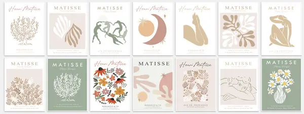 Matisse tarzı soyut sanat seti, Dekoratif Modern Sanat, Vektör illüstrasyon posteri içerir. Modaya uygun çiçek dekorasyonu ve yaratıcı sanat koleksiyonu. minimal estetik modern sanat.