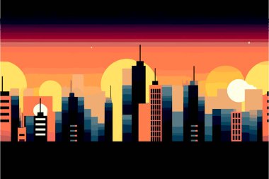 Gün batımındaki bir şehir manzarasından esinlenen yarı soyut bir duvar kağıdı düz tasarımı..