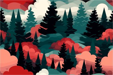 Gün batımındaki bir orman manzarasından esinlenilmiş, kaplama duvar kağıdı / ambalaj malzemesi düz tasarımı