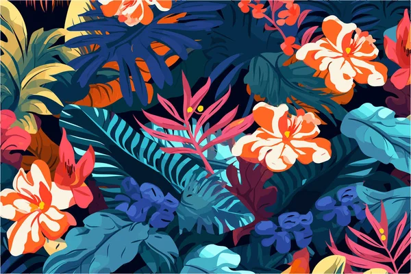 鮮やかな熱帯の葉を描いた素材デザインの壁紙 ドゥアニエ ルソーの作品に触発されて — ストックベクタ