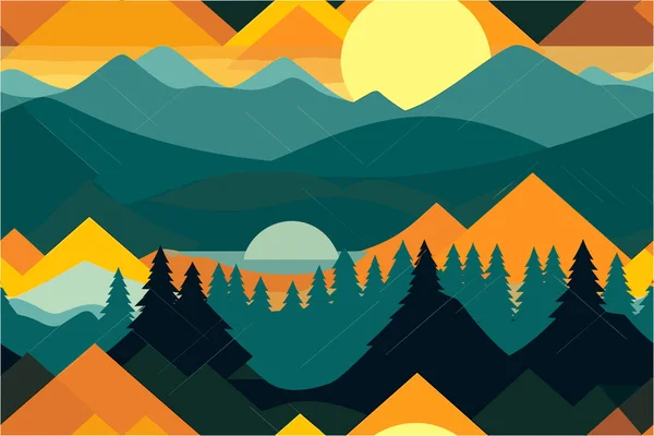 夕日の山の風景にインスパイアされたフラット タイル張りの素材デザインの壁紙 — ストックベクタ