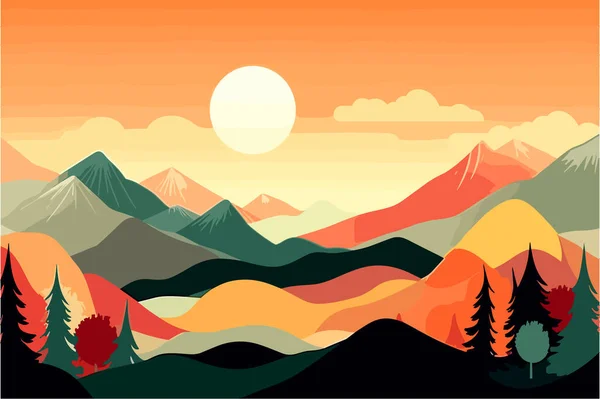 夕日の山の風景にインスパイアされた平らな素材デザインの壁紙 — ストックベクタ