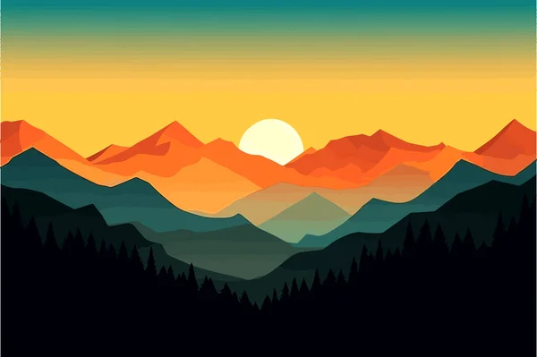 夕日の山の風景にインスパイアされた平らな素材デザインの壁紙 — ストックベクタ