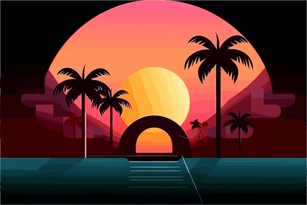 Design Material Plano Tropical Sunset Wallpaper — Vetor de Stock