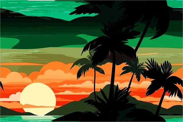 热带日落墙纸的扁平材料设计 — 图库矢量图片