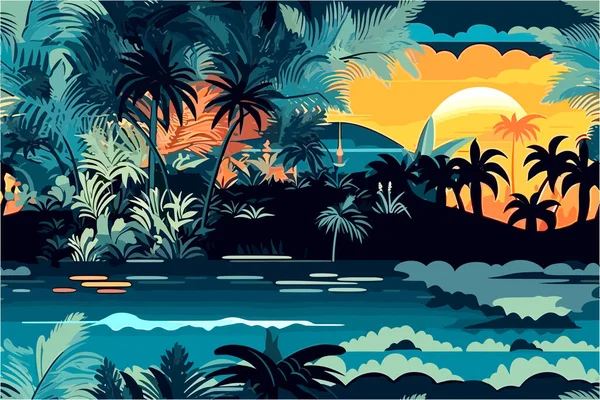 Płytka Płaski Materiał Projekt Tapety Inspirowane Tropikalnym Zachodem Słońca — Wektor stockowy