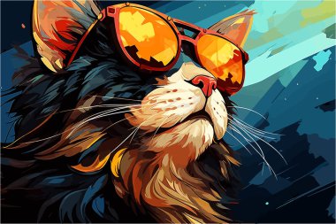 Cool Cat vektörü yansıtıcı güneş gözlükleriyle tropikal bir ortamda kedi deneği sunar. Dijital suluboya ile hazırlanan eser geniş, dinamik vuruşlar ve yaz renklerinde sergileniyor.