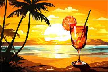 Tropical Sunset Cocktail vector, rendered in a flat, material-oriented digital watercolor style, features a cocktail in the foreground against a serene tropical sunset backdrop. clipart