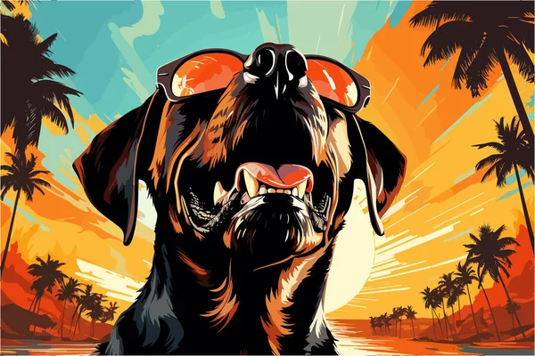 Cool Dog Vector Presenta Soggetto Canino Ambiente Tropicale Con Occhiali — Vettoriale Stock