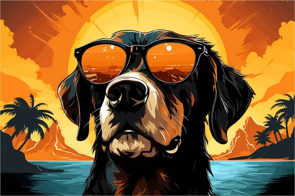 Cool Dog Vetor Apresenta Sujeito Canino Ambiente Tropical Com Óculos — Vetor de Stock