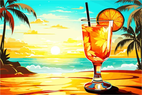 Tropical Sunset Cocktail Vector Rendered Flat Material Oriented Digital Watercolor — Stock Vector