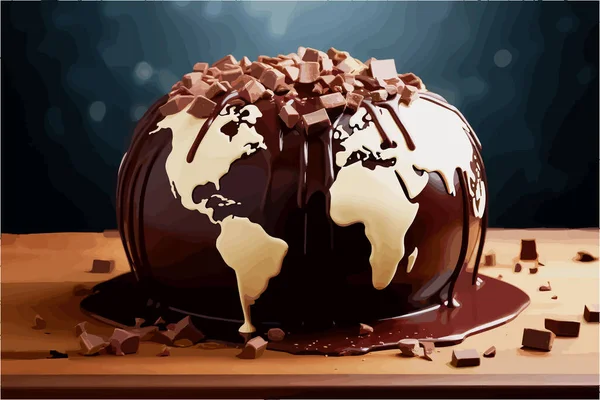 用这个融化的巧克力地球矢量来庆祝世界巧克力日 其特征是在融化的巧克力中对地球的超现实描述 以略为超现实的数字水彩画风格呈现 色彩扁平 — 图库矢量图片